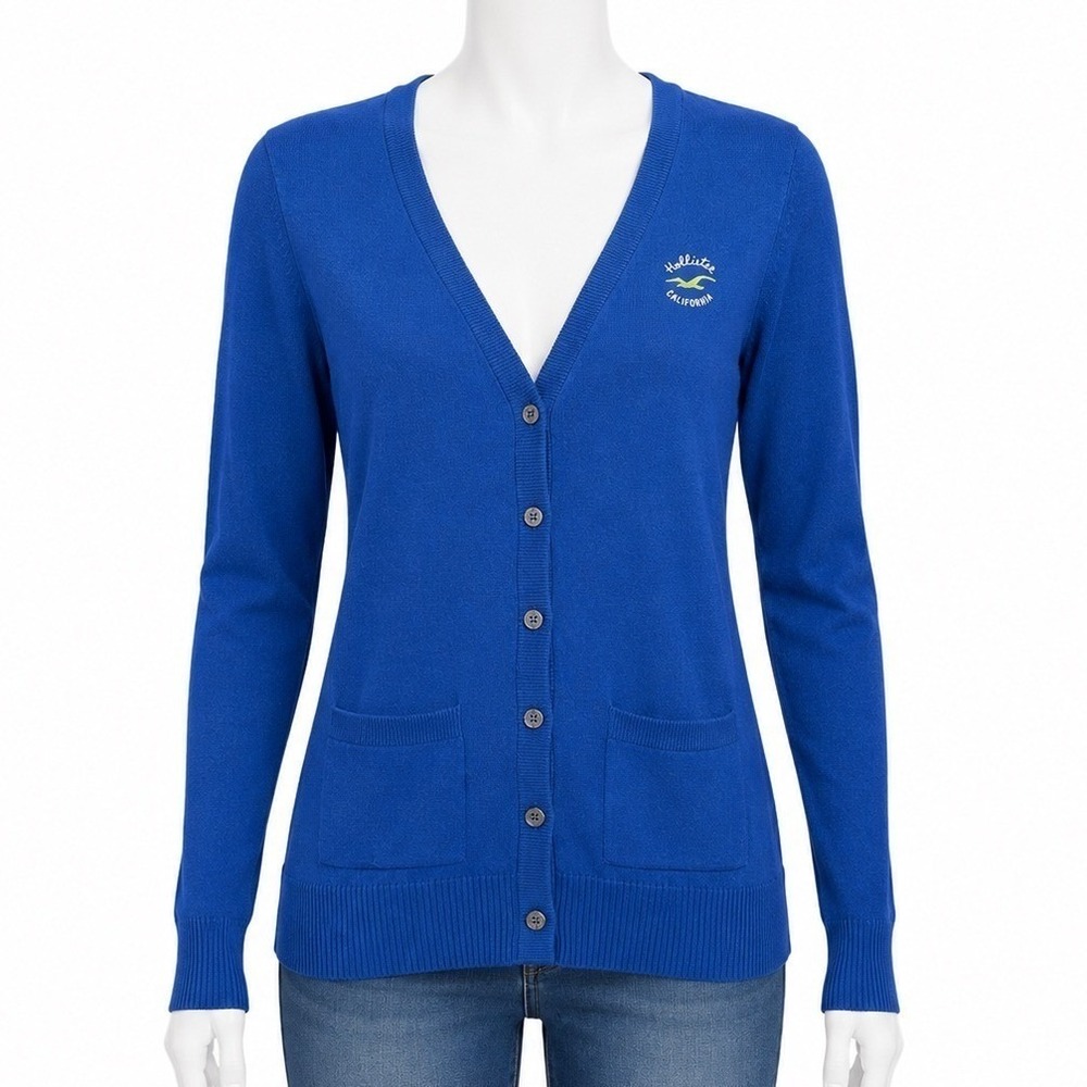 Hollister Royal Blue Button Front Cardigan Sweater Womens L V Neck‎ Lightweight